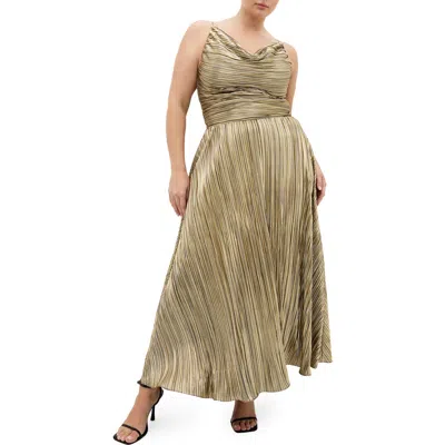 City Chic Kamila Plissé Metallic Sleeveless Maxi Dress In Gold
