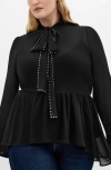 City Chic Kara Studded Pussybow Sheer Top In Black
