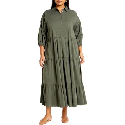 City Chic Kara Tiered Shirtdress In Khaki