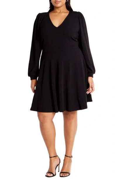 City Chic Karter Long Sleeve Fit & Flare Dress In Black