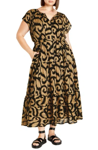 City Chic Kasbah Ikat Print Cotton Tiered Maxi Dress