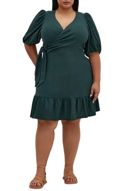 City Chic Katelyn Puff Sleeve Faux Wrap Dress In Emerald