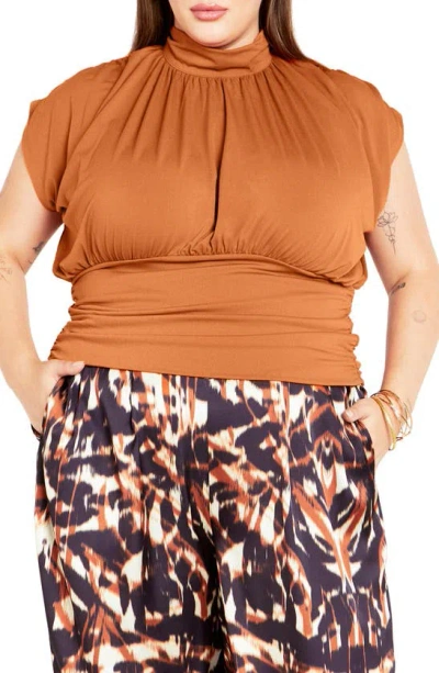 City Chic Kamryn Mock Neck Cap Sleeve Top In Brown