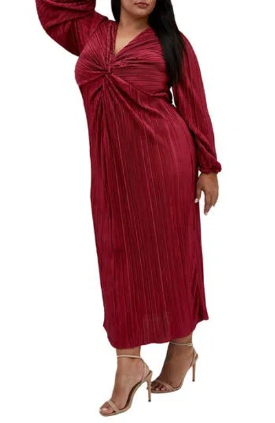 City Chic Kaya Pleated Long Sleeve Maxi Dress In Magenta