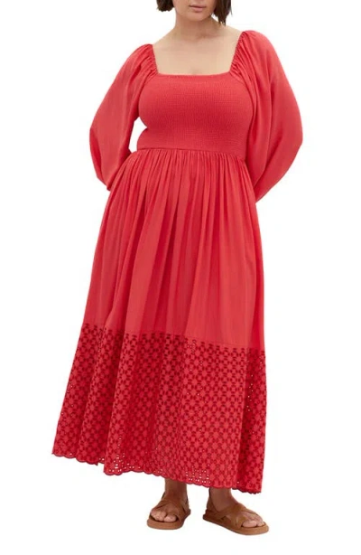 City Chic Kaya Smocked Long Sleeve Maxi Dress In Crimson