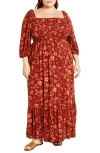 City Chic Kaylee Floral Smocked Bodice Maxi Dress In Rust Floral