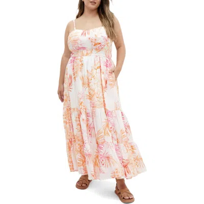 City Chic Kehlani Print Sleeveless Maxi Dress In Pink Palm