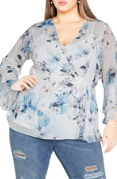 City Chic Kelly Floral Print Wrap Top In Ivory Shy Orchid