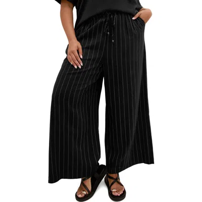 City Chic Kelly Pinstripe Pull-on Wide Leg Pants In Black
