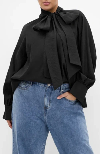 City Chic Kelsey Bow Neck Long Sleeve Crepe Top In Black