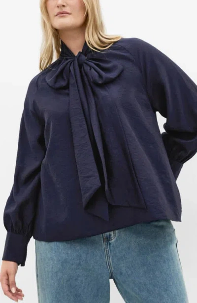 City Chic Kelsey Bow Neck Long Sleeve Crepe Top In Black