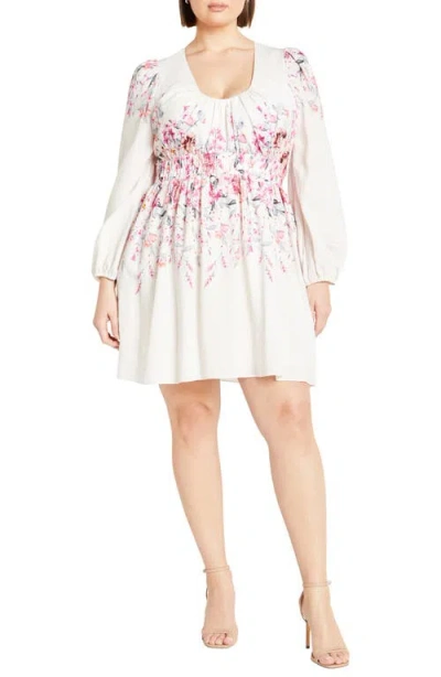 City Chic Keyla Floral Long Sleeve Minidress In Posie Ivory Perfection