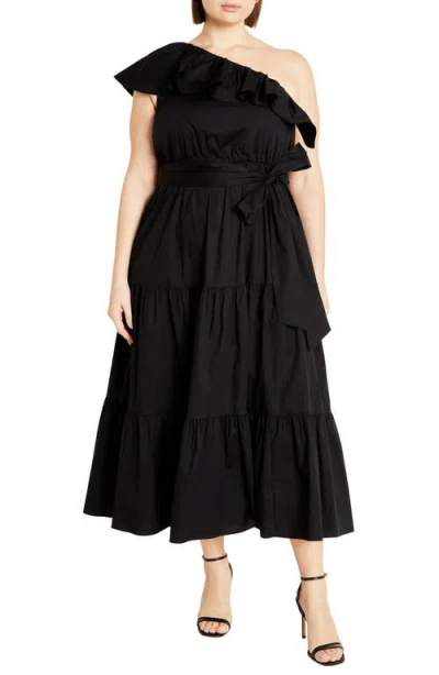 City Chic Kiama Ruffle One-shoulder Tie Belt Tiered Stretch Cotton Dress In Black