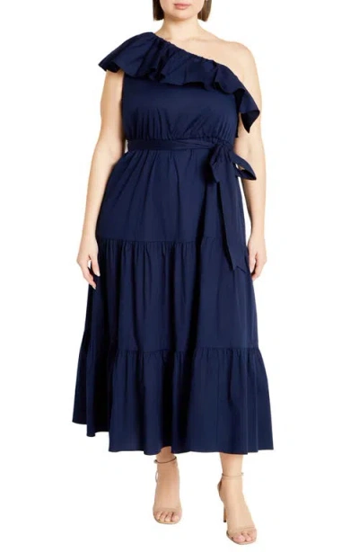 City Chic Kiama Ruffle One-shoulder Tie Belt Tiered Stretch Cotton Dress In Blue