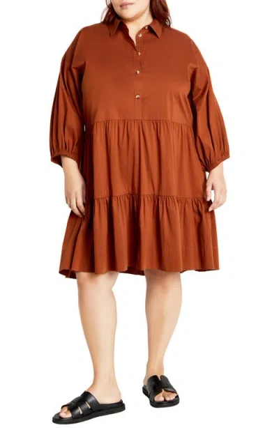 City Chic Kiara Balloon Sleeve Tiered Shirtdress In Amber