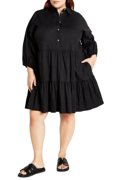 City Chic Kiara Balloon Sleeve Tiered Shirtdress In Black