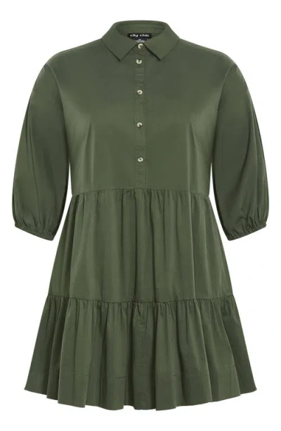 City Chic Kiara Balloon Sleeve Tiered Shirtdress In Green