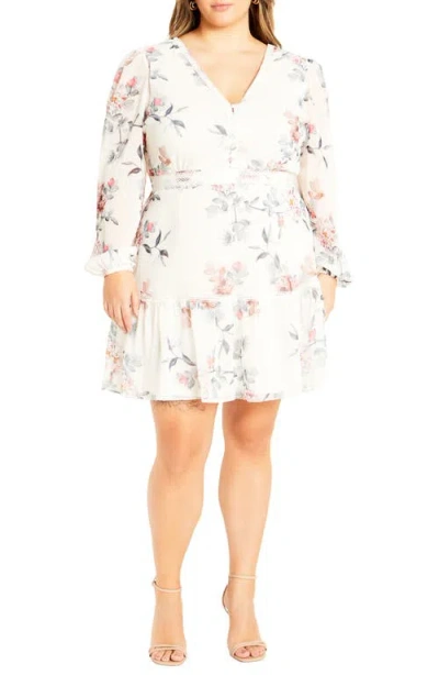 City Chic Kiki Floral Embroidered Long Sleeve Dress In Soft Posie Ivory