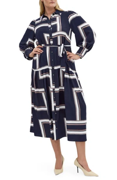 City Chic Kinsley Tie Waist Long Sleeve Shirtdress In Blue