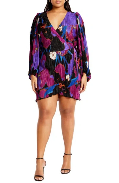 City Chic Kira Floral Print Long Sleeve Plissé Faux Wrap Dress In Wild Flower