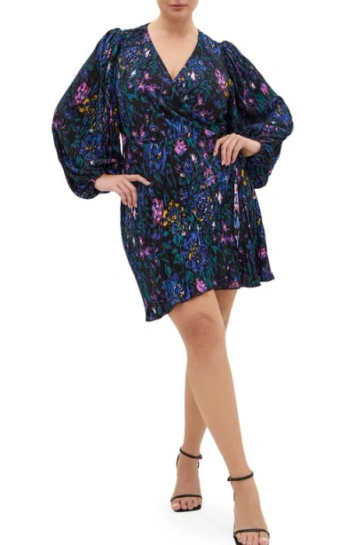 City Chic Kira Floral Print Wrap Minidress In Blue
