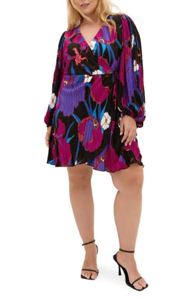 City Chic Kira Floral Print Wrap Minidress In Multi