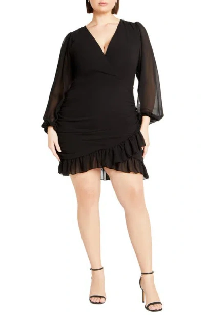 City Chic Kitty Long Sleeve Ruffle Trim Minidress In Black