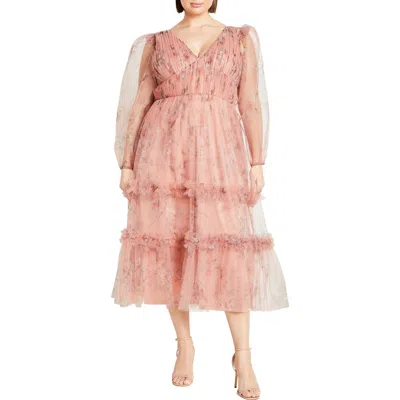 City Chic Kitty Long Sleeve Tulle Maxi Dress In Posie Fl Blk