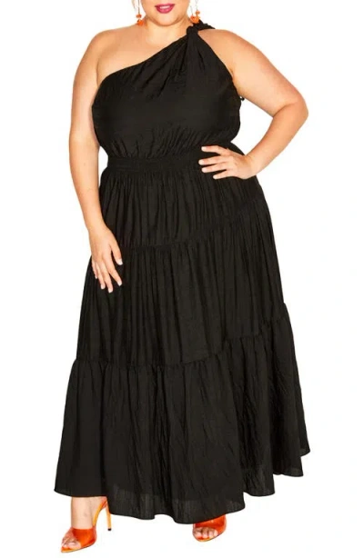 City Chic Kyleigh Tiered One-shoulder Maxi Dress In Black