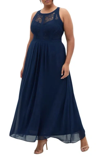 City Chic Lace Bodice Pleated Dress In Blue