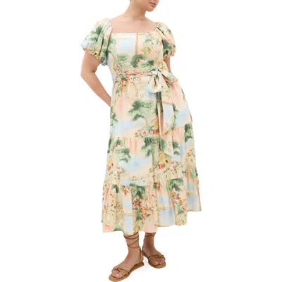 City Chic Laurena Floral Puff Sleeve Tie Belt Sundress In Multi