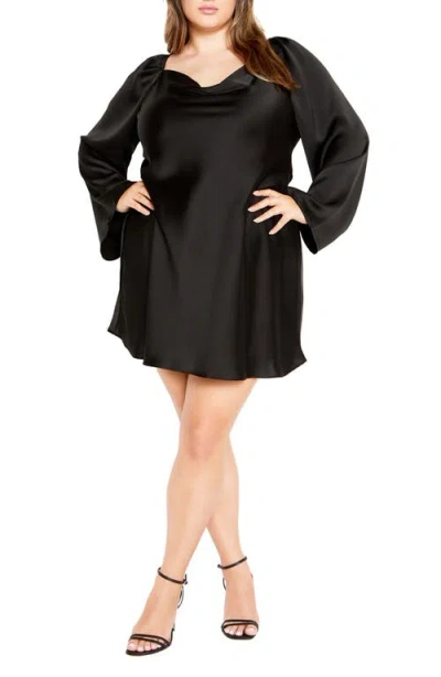 City Chic Lauryn Long Sleeve Satin Minidress In Black