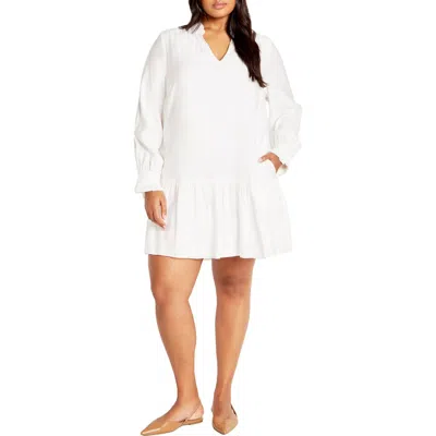 City Chic Laylo Ruffle Hem Long Sleeve Dress In Cream