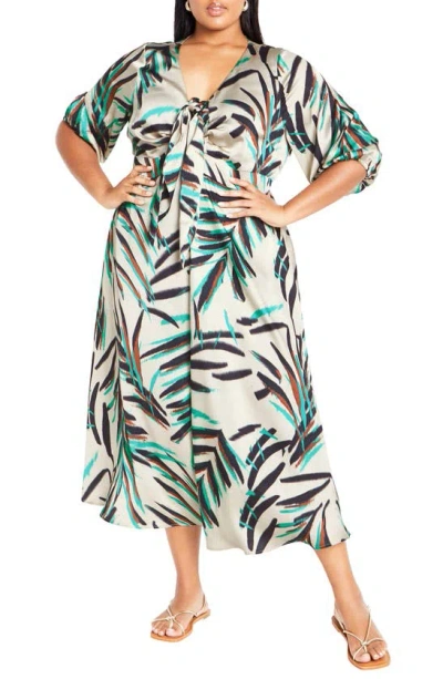 City Chic Leanna Puff Sleeve Maxi Dress In Neon Foliage