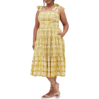 City Chic Leila Border Print Cotton Midi Sundress In Seashells