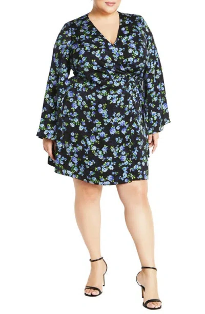 City Chic Lenna Floral Long Sleeve Wrap Dress In Blue Mini Blooms