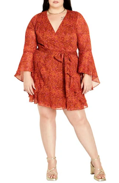 City Chic Lexi Long Sleeve Faux Wrap Minidress In Multi