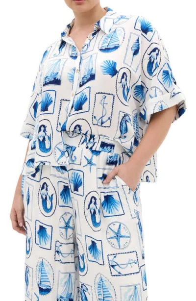 City Chic Liana Postcard Print Button-up Shirt In Blue