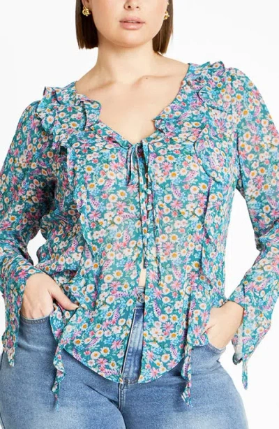 City Chic Lidia Floral Ruffle Long Sleeve Chiffon Top In Ditsy Swirl
