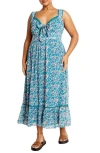 City Chic Lidia Tie Front Lace Trim Maxi Dress In Ditsy Swirl