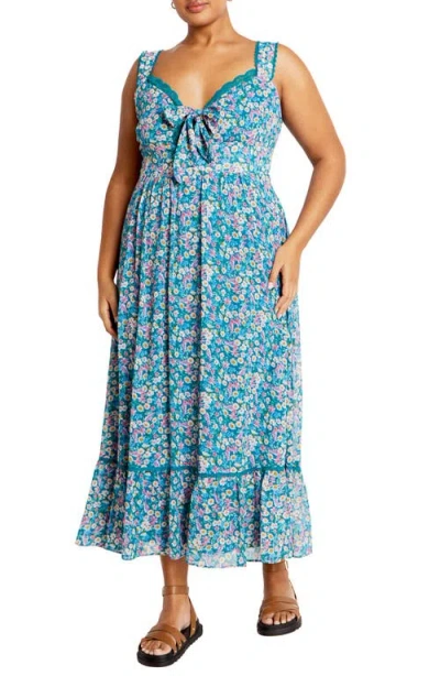 City Chic Lidia Tie Front Lace Trim Maxi Dress In Ditsy Swirl