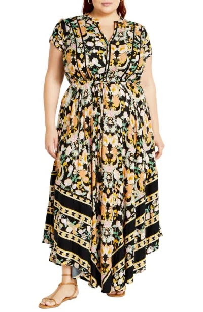 City Chic Zella Print Tie Waist Maxi Dress In Multi