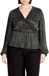 City Chic Lilian Metallic Wrap Front Top In Black