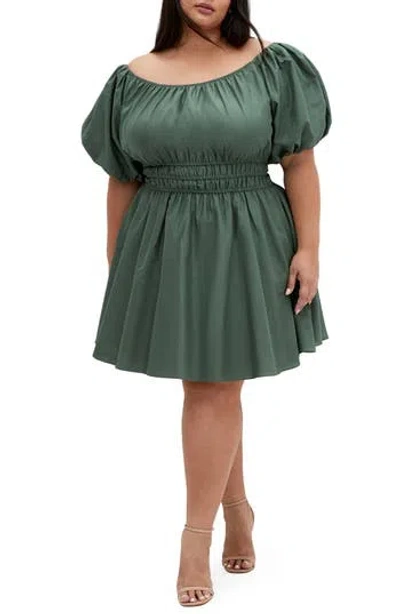 City Chic Lillian Puff Sleeve Cotton Fit & Flare Dress In Dark Sage
