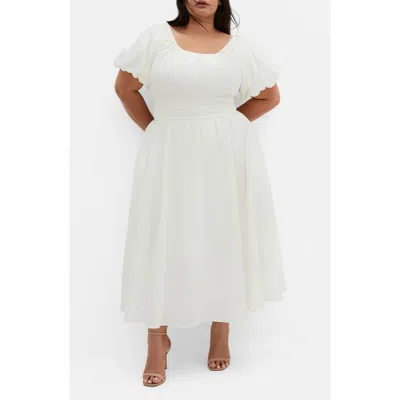 City Chic Lillian Puff Sleeve Cotton Midi Dress In Butter