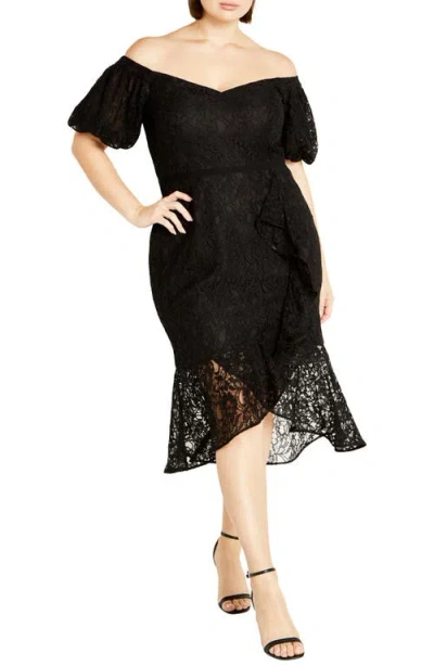 City Chic Lily Off The Shoulder Lace Dress In Black