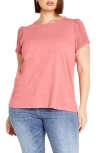 City Chic Linny Eyelet Puff Sleeve Cotton Top In Pink