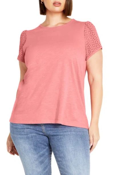 City Chic Linny Eyelet Puff Sleeve Cotton Top In Pink
