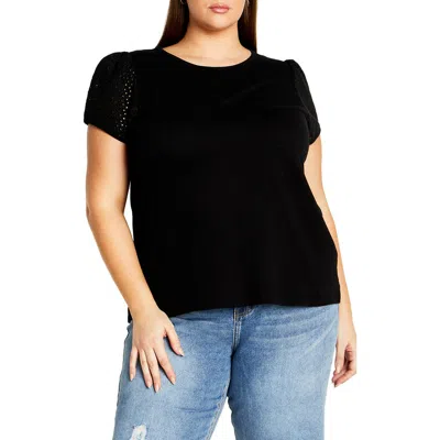 City Chic Linny Eyelet Sleeve Cotton Top In Black