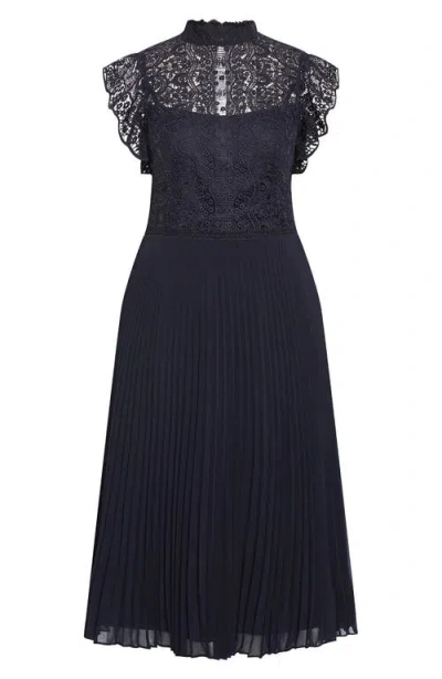 City Chic Livia Lace Yoke Sleeveless Fit & Flare Dress In Navy